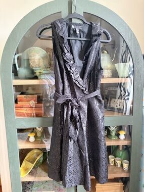 JS Boutique Black Textured Ruffle-Trim Wrap Midi Dress with Tie Waist